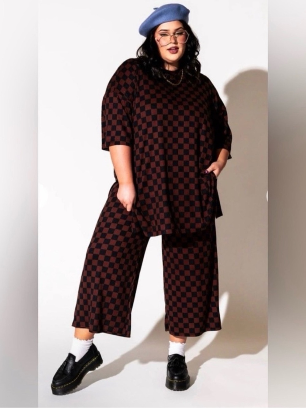 DRESSED IN LALA playsuit- Brown/Black Checkerwide Leg Pants & Top Set